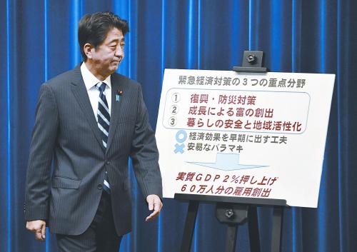 日本首相安倍晉三11日出席記者會。當天，安倍內(nèi)閣通過了超過20萬億日元的經(jīng)濟刺激計劃。